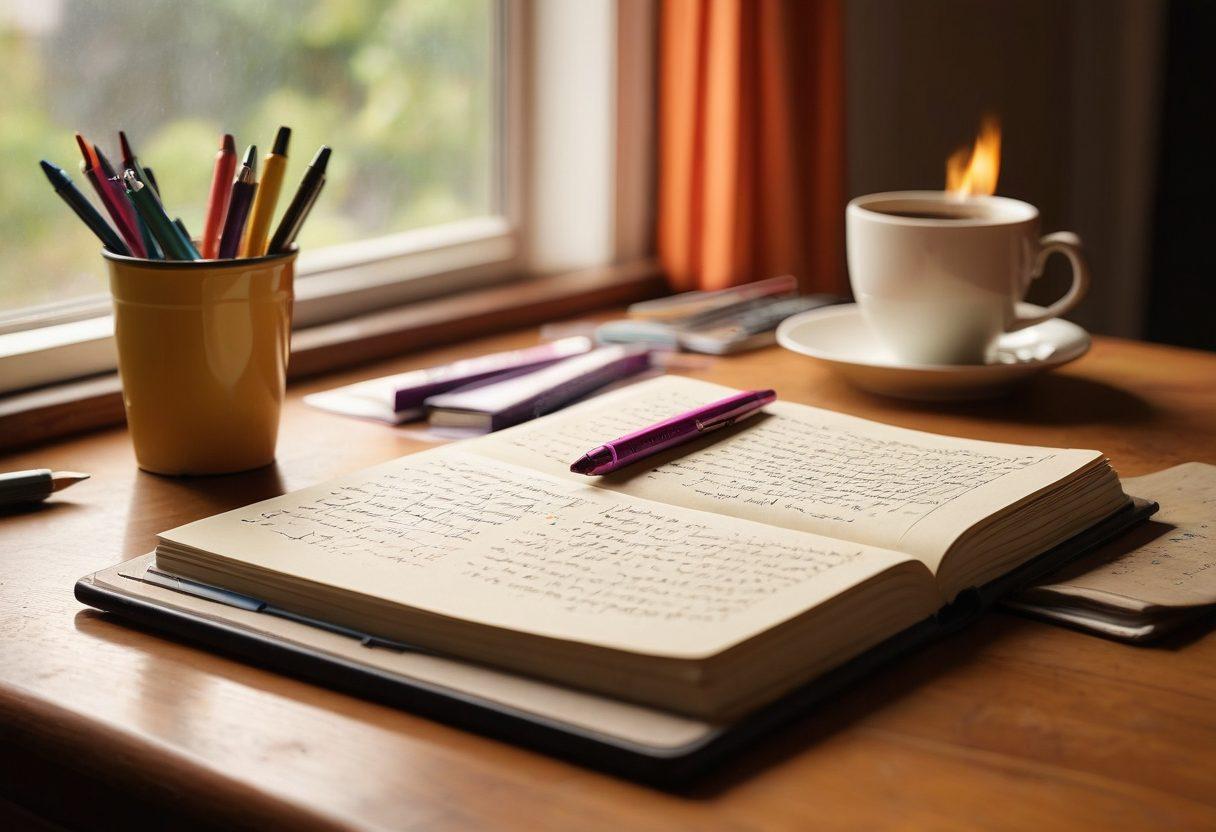 A visually captivating desk scene featuring an open notebook filled with vibrant handwritten notes on English grammar, surrounded by colorful pens, a steaming cup of coffee, and a well-worn grammar book. Include an inviting window with sunlight streaming in, illuminating the space, and inspiring creativity. super-realistic. vibrant colors. warm lighting.