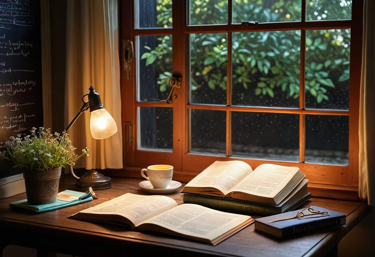 A serene study scene featuring an open grammar book with colorful tabs, surrounded by vintage stationery, a steaming cup of coffee, and a soft glowing desk lamp. In the background, a chalkboard with essential grammar rules written illuminated by warm light, and a window showing a peaceful garden outside. The atmosphere evokes inspiration and concentration. super-realistic. warm colors. cozy ambiance.