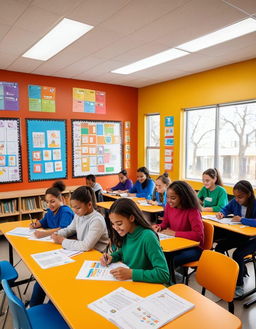 A friendly, colorful classroom setting featuring diverse language learners engaged in interactive grammar exercises with worksheets, books, and digital devices. Include visual aids like colorful charts and grammar rules on the walls, and a teacher assisting students in a warm environment. Vibrant colors. 3D style.